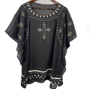 EUC Lane Bryant Sheer Boho Coverup Embroidered Beaded Tunic Top Plus Size 18/20